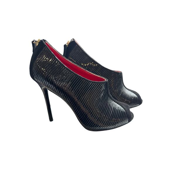 CHARLES JOURDAN BLACK PATENT‎ LEATHER PEEP TOE STILETTO BOOTIES, WOMEN’S 9M - Picture 2 of 5